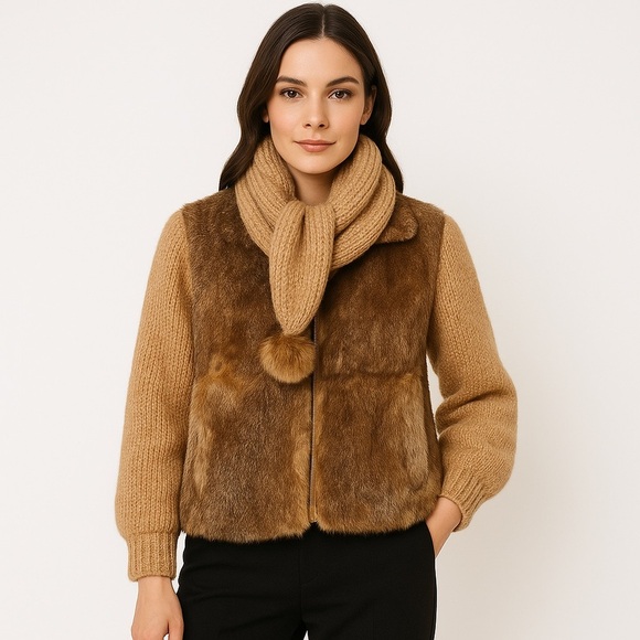 1980s Vintage Niki Rabbit Fur Knit Jacket Scarf Pom Pom Small - Picture 3 of 12